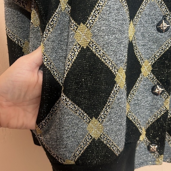 VTG 80s Graff Californiawear Cardigan Sweater Argyle Sz S Black Gold USA Made - Picture 7 of 10